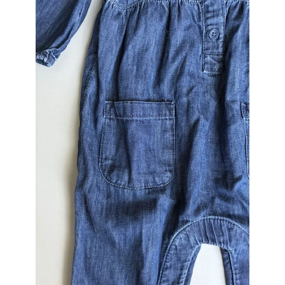 Baby Gap Blue Denim Look Romper 3-6 Months Embroidered Collar Long Sleeve
